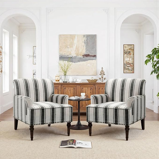 Pia Ricco Stripe Accent Chairs 2 Pack - Modern Nailhead Trim Armchairs with Wood Legs Comfy Living Room Bedroom Home Office Seating-Black
