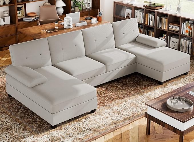 Walsunny Sectional Couches for Living Room Convertible U-Shaped Sofa Couch with Double Chaise 4 Seat Sofa Set Modular Sectional Sofa for Living Room Apartment Bedroom Beige