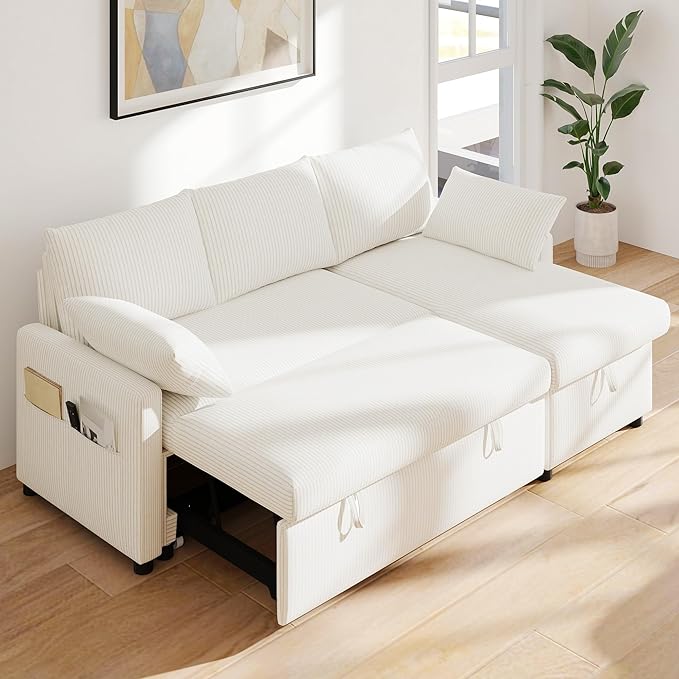 Real Relax 80'' Sofa Bed L Shaped Corduroy Sleeper Sofa Couch with Pull Out Bed and Chaise Storage for Living Room Apartment and Office Beige