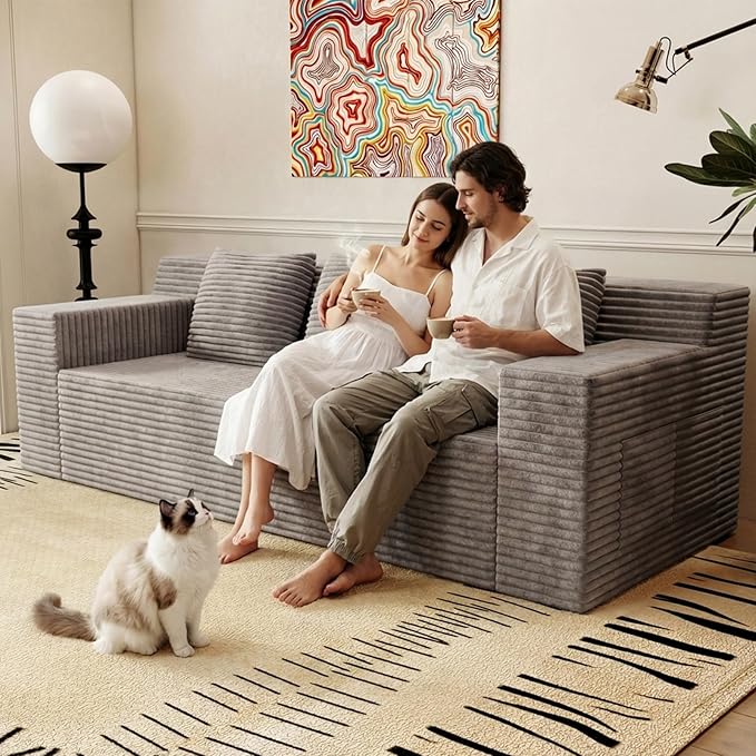 71Cloud Loveseat SofaModern 2-Seater Boneless Couch with 3 Pillows &amp Side PocketSoft Corduroy Love seatCompressed FoamDeep SeatNo Assembly for Living RoomBedroomApartment(Flat HandrailCam