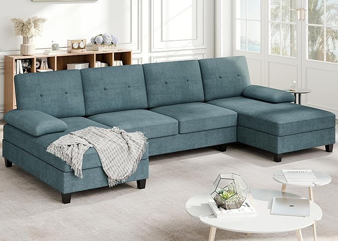 Meilocar Sectional Couches for Living Room 106 in U Shaped Couch Soft Sectional Sofa with Double Chaise Comfortable 4 Seat Sofa Couch (Blue) | Breathable Fabric Double Chaise