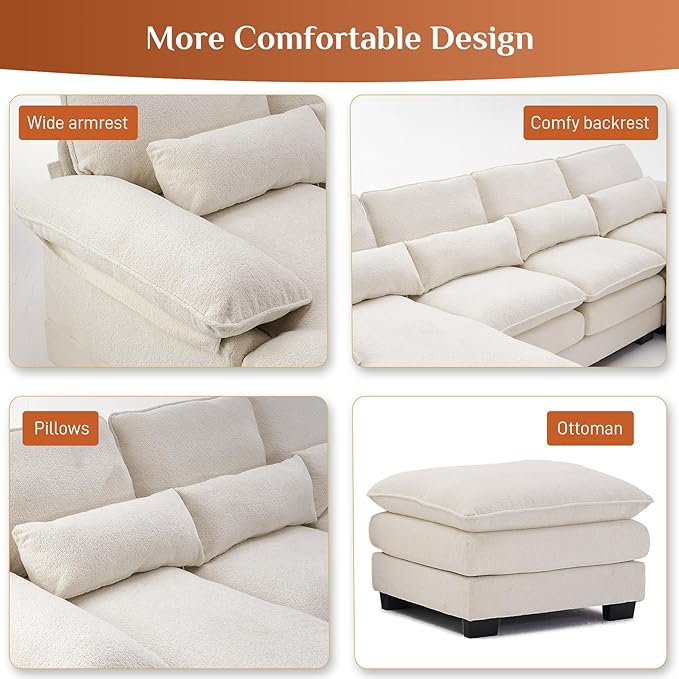 OUYESSIR 113 U Shape Sectional Cloud Couch with OttomanFluffy Sectional Couches for Living Room4 Seater Modular Sectionals SofaComfy Cloud Sofas &amp Couches with 4 PillowsBeige White