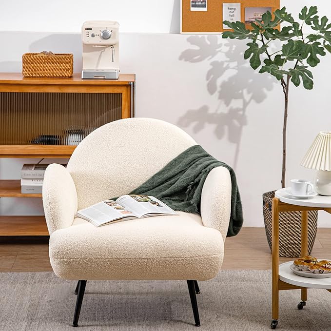 Accent Chair White with Black Metal LegsReading Chair for Bedroom Comfy Boucle Sherpa Chair for Living Room Bedroom