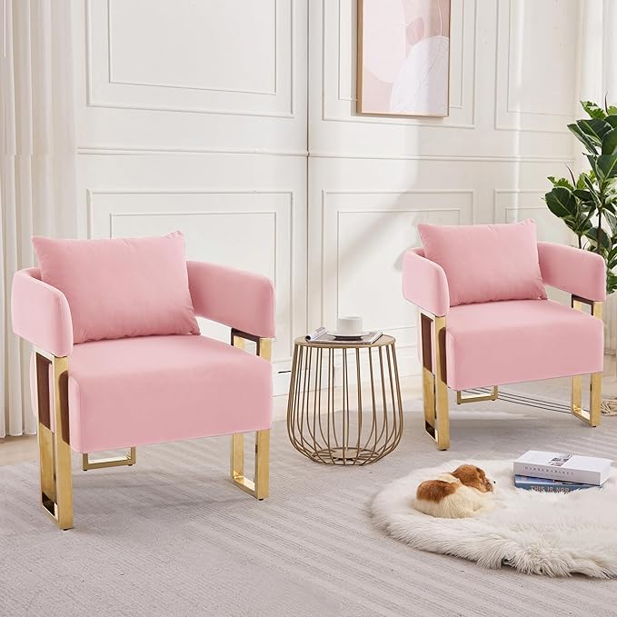 YITAI Modern Accent Chairs no Wheels Living Room Side Chairs Set of 2 with Golden Metal Legs Barrel Soft Velvet Upholstered Reading Armchairs for OfficeReception RoomBedroomLoungePink
