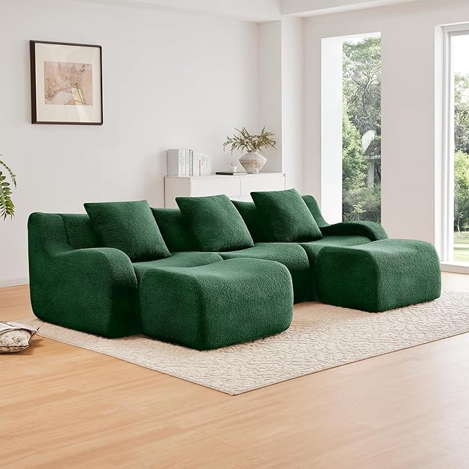 Modular Sectional Sofa for Living Room 115.3 U-Shaped Cloud Couch with 2 Ottoman 3-Seat Teddy Fabric Boneless Sofa Deep Seat Curved ArmrestStreamlined Ergonomic Design No Assembly