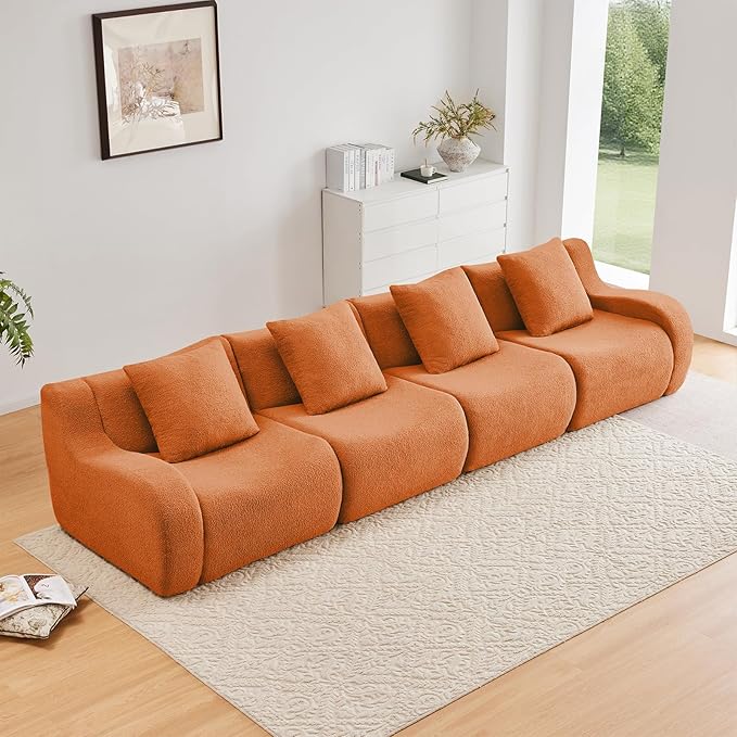 Orange 4-Seater Cloud Couch Modern Teddy Fabric Boneless Sectional Sofa in a Box for Living Room Modular Floor Couch Comfortable Deep Seat No Assembly Required Sofas para Sala