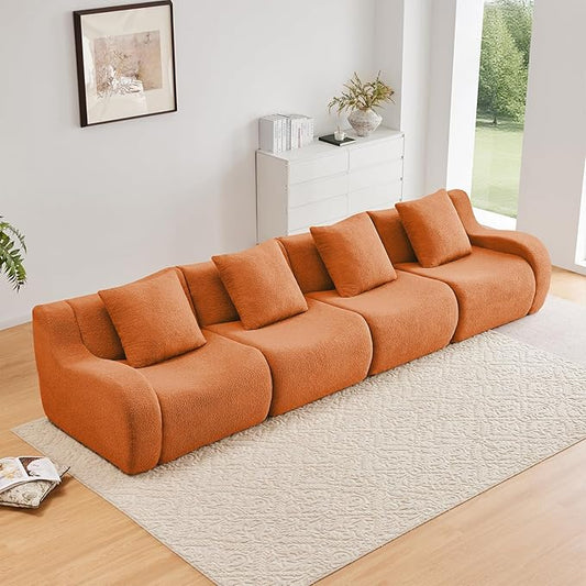 Orange 4-Seater Cloud Couch Modern Teddy Fabric Boneless Sectional Sofa in a Box for Living Room Modular Floor Couch Comfortable Deep Seat No Assembly Required Sofas para Sala