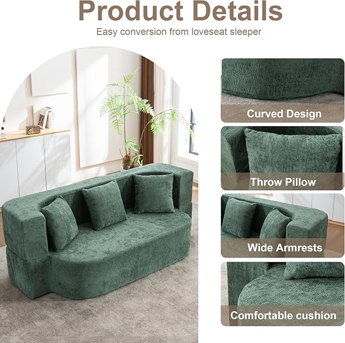 2 in 1 Convertible Sofa Bed 78.8 Modern Loveseat Sofa Couch Curved Folding Sleeper for Living Room Apartment Small Space No Assembly Required Green