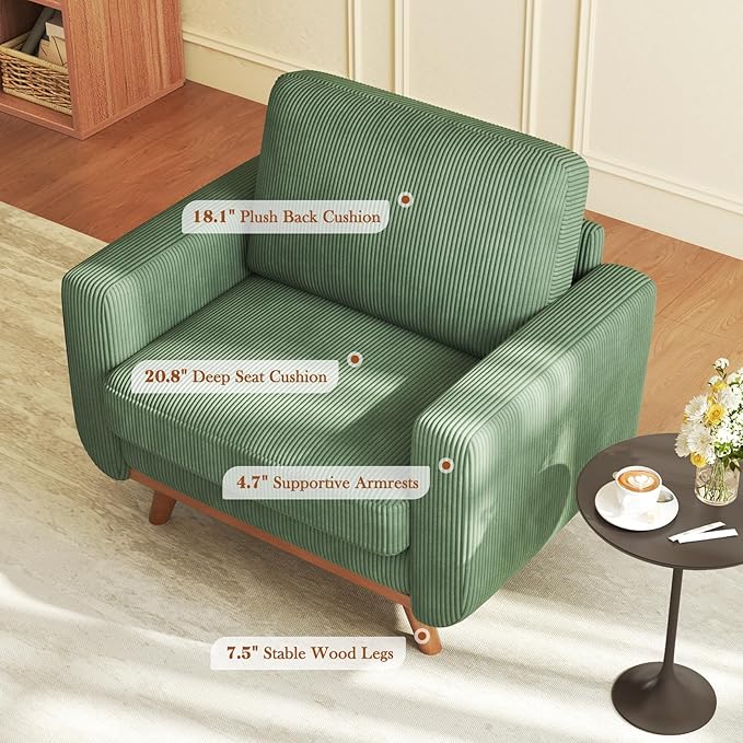 38.5 Green Corduroy Accent Chair Comfy Deep Seat Armchair with Spring Cushion Modern Reading Sofa for Living Room Bedroom