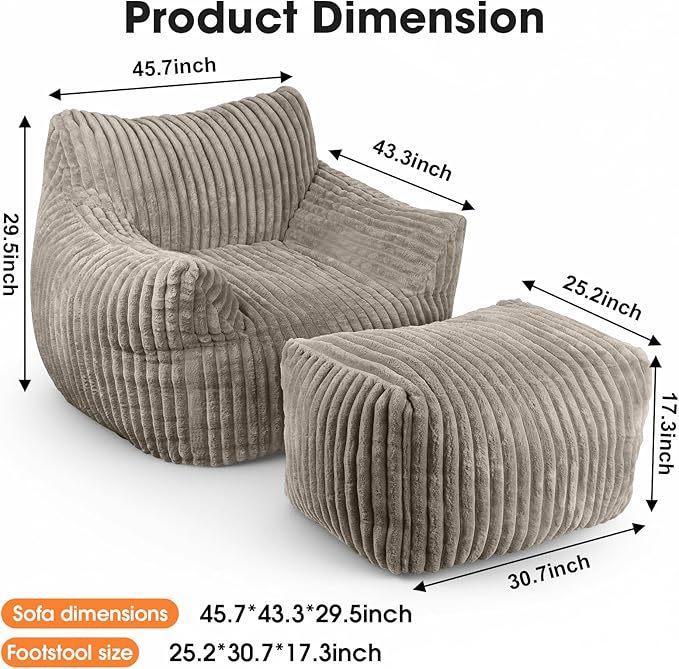 Giant Bean Bag Chair with Ottoman Oversized Memory Foam Bean Bag Sofa for Adults and Kids Large Comfy Fluffy Single Lounges Mini Couch for Living Room Bedroom &amp Dorm(Taupe)