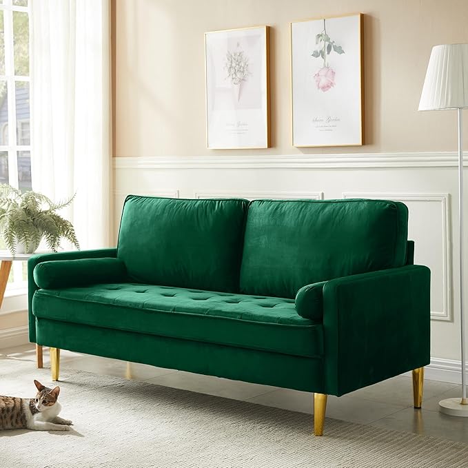 65'’ Velvet Upholstered Loveseat Sofa with Gold Metal Legs Modern Tufted Backrest Couch Solid Wood Frame for Living Room BedroomApartmentOfficeSmall Space (Green)