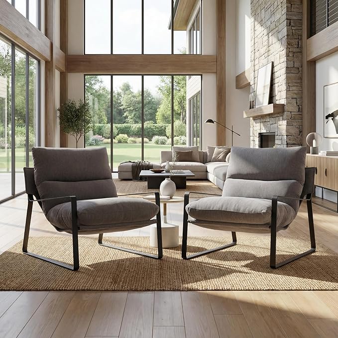 LukeAlon Modern Linen Accent Armchair Upholstered Living Room Chair with Metal Base Thickened Cushion Single Sofa Chair Comfy Lounge Chair for Bedroom Living Room Grey