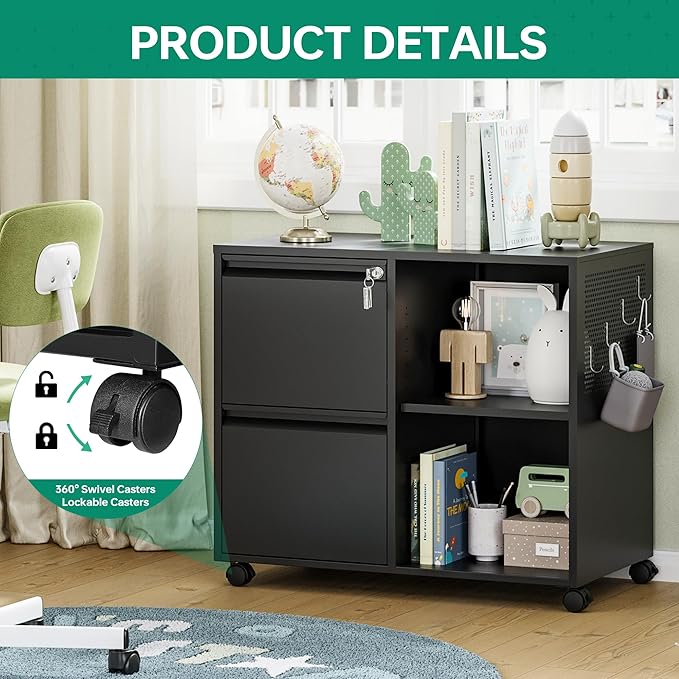 Letaya Mobile File Cabinet Metal Lateral Rolling Printer Stand Filing Cabinets with Shelves for Home Office-Storage A4/F4 (Black)