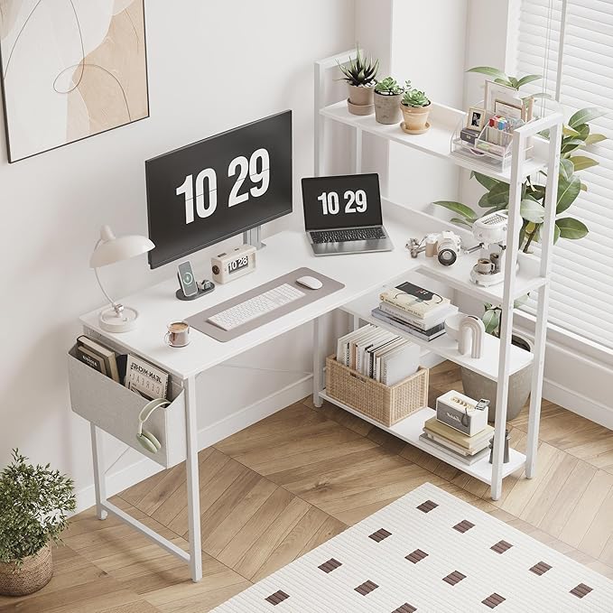 Treesland 55 Inch Computer Desk with Bookshelf Corner Desk with Storage L Shaped Desk Home Office Desks Writing Study Desk for Bedroom White
