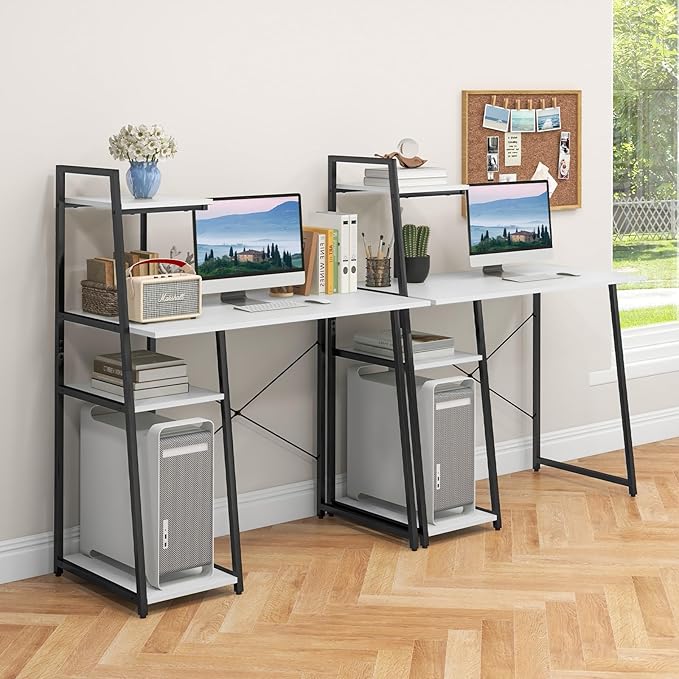 COSTWAY Computer Desk with 4-Tier Storage Shelves Home Office Desk Writing Table with Sturdy X-Shape Frame Adjustable Foot Pads Modern Simple Style Study Desk Wide Tabletop (White and Black)