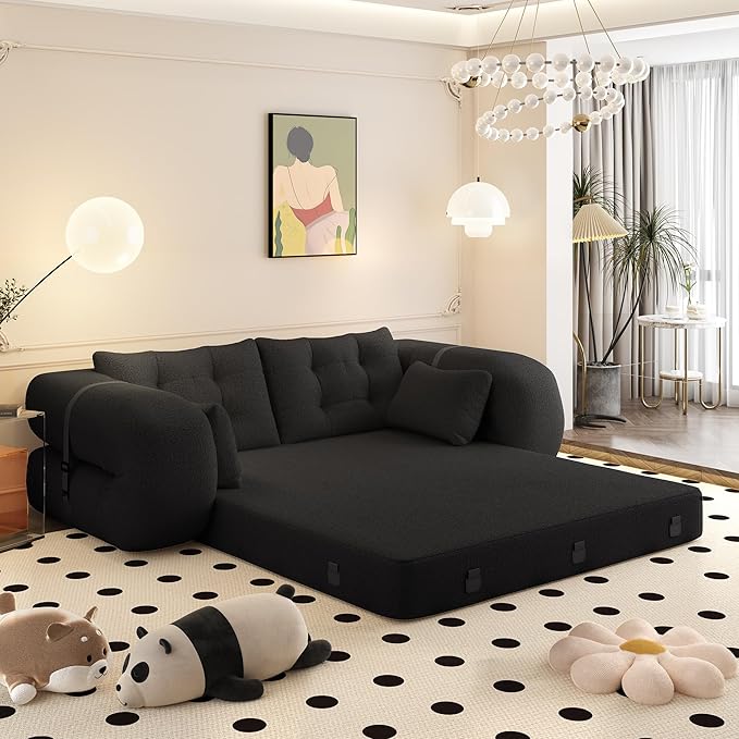 78.7 Convertible Sofa Bed 3-in-1 Folding Floor Couch with 4 Pillows Sleeper Sofa for Living Room and Guest Bed No Assembly Required (Black Teddy Fabric)