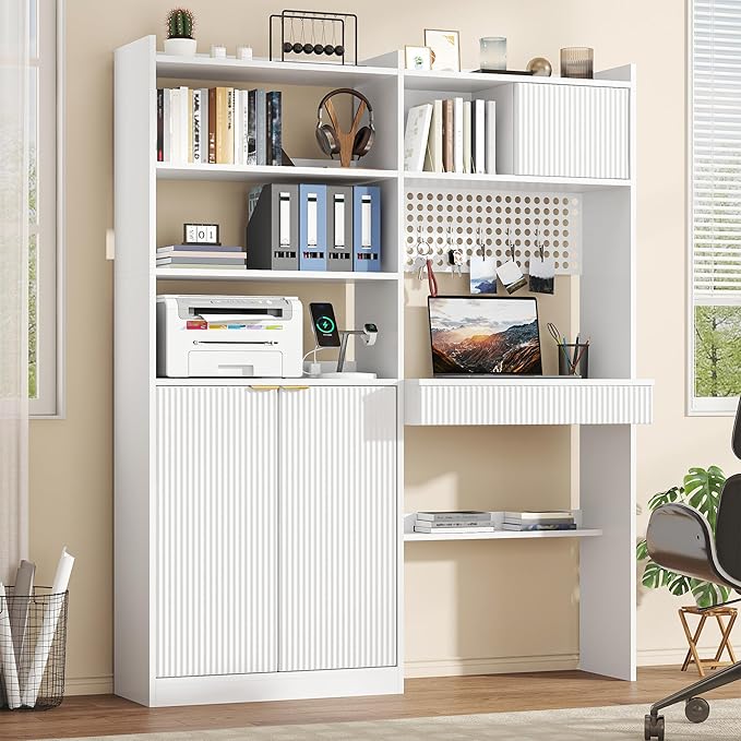 63 Tall Computer Desk with Hutch Fluted Wood Computer Desk Featuring Charging Station Drawer and Storage Cabinet for Home Office Work and Study (White)