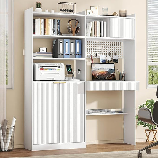 63 Tall Computer Desk with Hutch Fluted Wood Computer Desk Featuring Charging Station Drawer and Storage Cabinet for Home Office Work and Study (White)