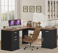 HIFIT Farmhouse Executive L Shaped Desk with Power Outlets 60 Corner Computer Desk with 3 Storage Drawers &amp 2 File Cabinets L Shaped Home Office Desk for StudyBlack