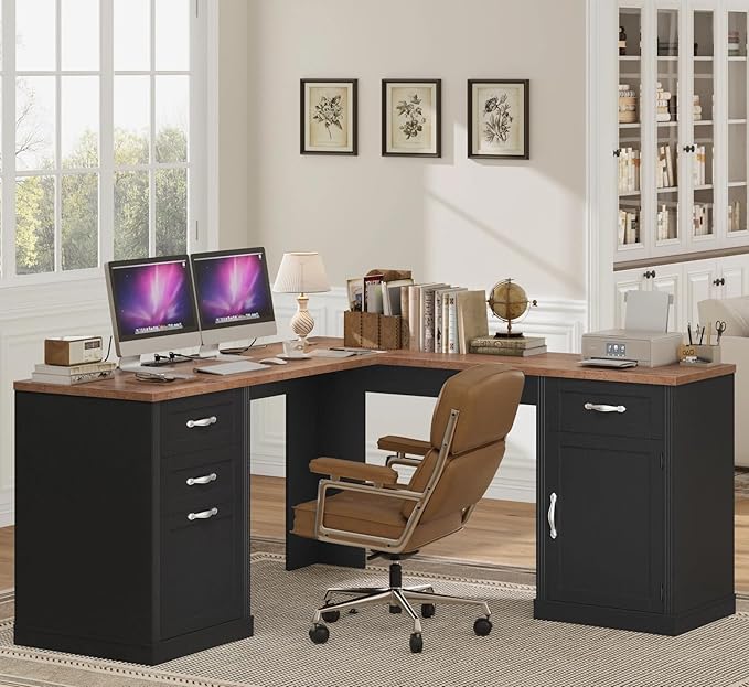 HIFIT Farmhouse Executive L Shaped Desk with Power Outlets 60 Corner Computer Desk with 3 Storage Drawers &amp 2 File Cabinets L Shaped Home Office Desk for StudyBlack