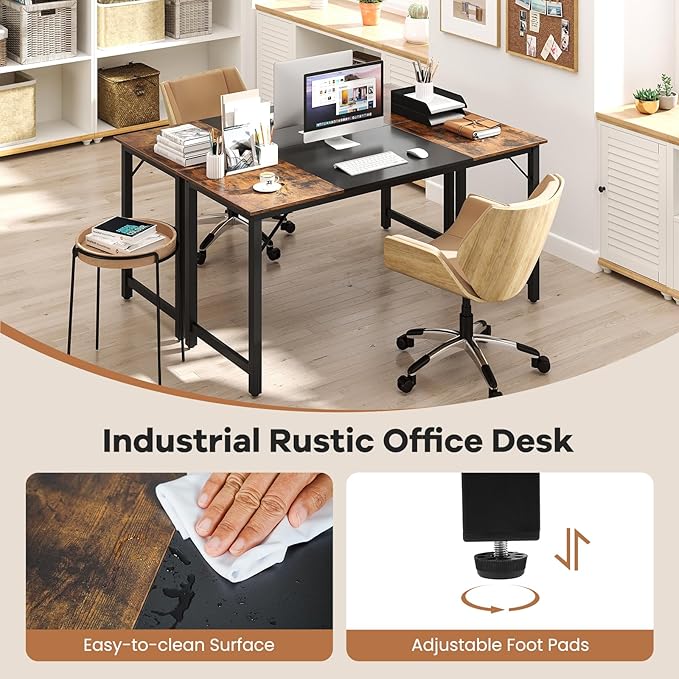 GOFLAME 63” Computer Desk Set of 2 Heavy Duty Metal Frame Laptop Table Writing PC Table Rectangle Home Office Desk Conference Table Meeting Room Boardroom Desk Working Task Desk for Study