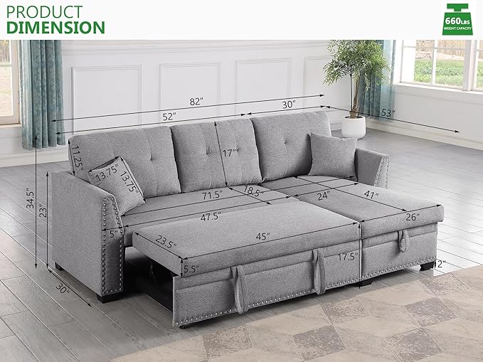 BEEY Convertible Sleeper Sofa Bed 82 Small Sectional Sofa with Storage Chaise for Small Spaces L Shaped Couch with Pull Out Bed for Bedroom Living Room (Light_Grey)