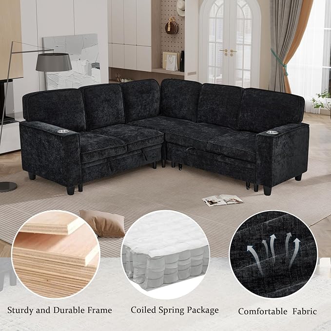 L-Shaped Sofa with Pull Out Sofa Bed Sleeper Sofa Couch Bed with Storage Seat 5 Seat Sectional Sofa with USB and Cup Holder for Living Room Apartment (Black-2.11)