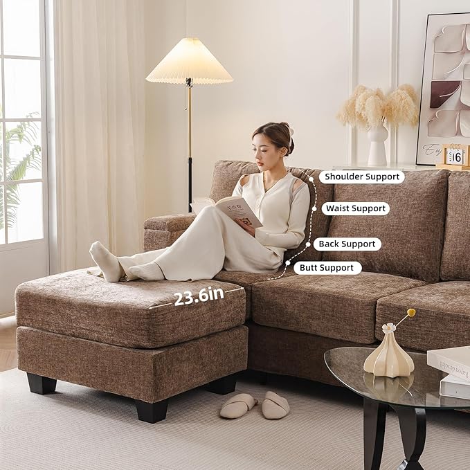 85'' L Shaped Couch with Armrest Organizer3 Seats Sofas with Movable OttomanComfy Sectional Sofa with Thick CushionChenille Sectional Couches for Living RoomBedroomApartmentHome FurnitureBrown