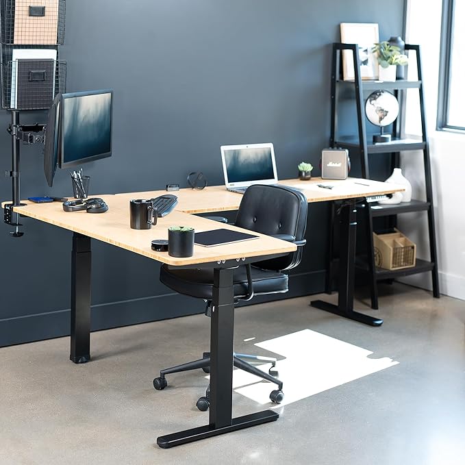 VIVO Electric Height Adjustable 83 x 60 inch Corner Stand Up Desk 2 Solid Bamboo Table Tops Black Frame Memory Controller L-Shaped Workstation 3E Series DESK-KIT-3E8BO