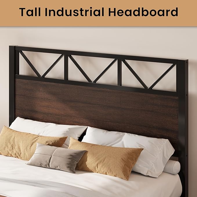 LIKIMIO Queen Bed Frame Tall Industrial Headboard 51.2  Platform Bed Frame with Strong Metal Support Solid and Stable Noise Free No Box Spring Needed Easy Assembly Walnut