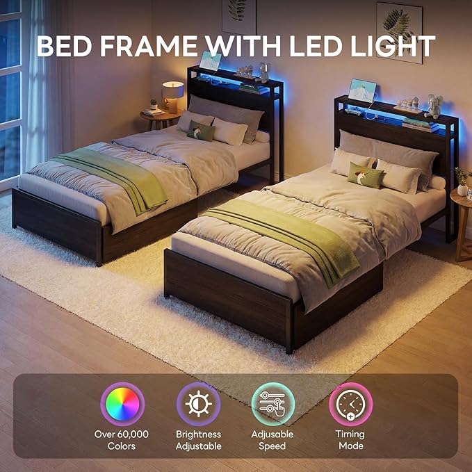 LIKIMIO Twin XL Bed Frame with 2-Tier Shelves &amp Charging Station &amp LED Light DIY Layout Storage Drawers Suitable for Teen Rooms Small Apartments &amp Bedrooms Gray Black