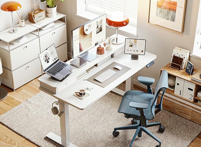 BANTI 48 x 24 Inch Electric Height Adjustable Standing Desk Ergonomic Home Office Desk with Double Drawers 4 Adjustable Feet &amp 2 Hooks Computer Workstation for Study/Office White