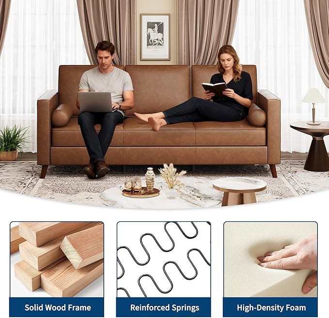 GAOMON 81 Leather Couch for Living Room Mid Century Modern 3-Seater Sofa with Deep Seat Faux Leather Sofa for Apartment Home Office Brown