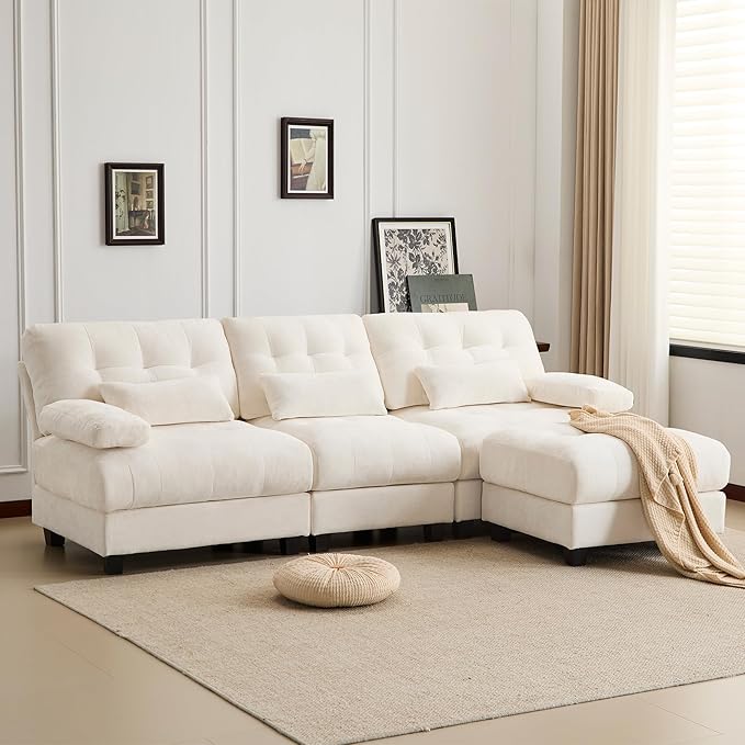 93 3+1 Seater Sofa with Ottoman - 4-Position Adjustable Backrest 350lb/Seat Soft Chenille Fabric 3 Throw Pillows Easy Assembly (Beige)