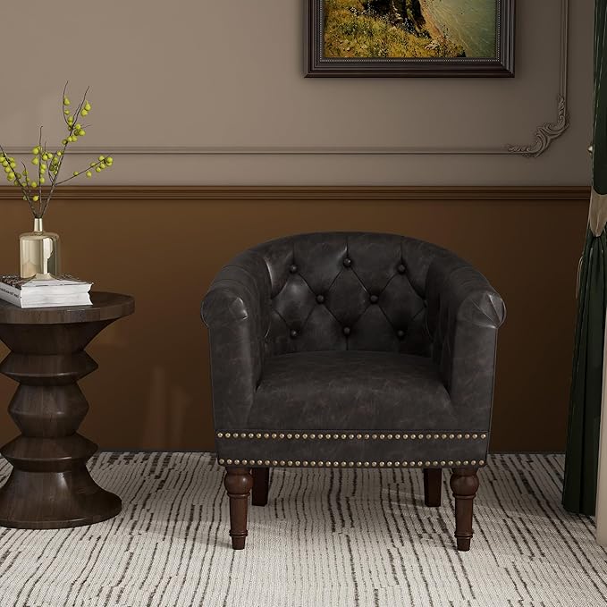 Accent Chair Upholstered Faux Leather Barrel Chair with Nailed Trim Comfy Club Armchair for Reading Living Room Bedroom Waiting Room (Coffee Set of 1)