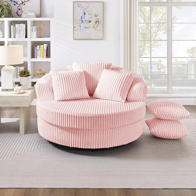 360° Swivel Accent Barrel Chair Corduroy Comfy Round Swivel Chair with Mental Base &amp Pillows Modern Lounge Reading Armchair Upholstered Plush Sofa Chairs for Living Room Bedroom Apartment(Pin