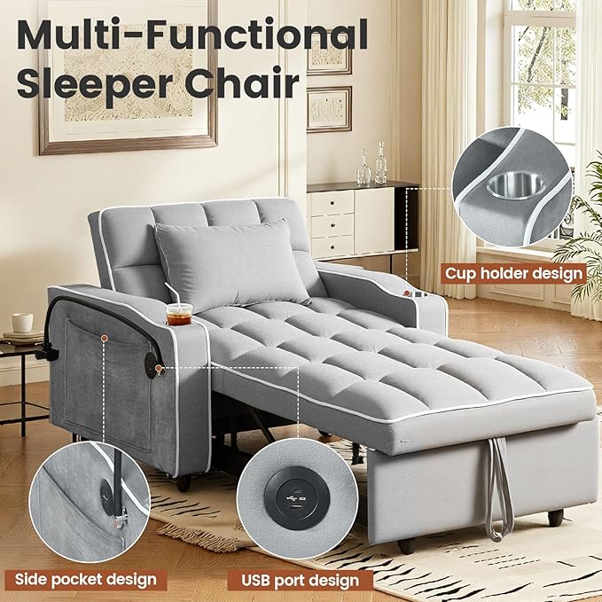 Convertible Sleeper Chair Pull Out Chair Sleeper with Bracket and Cup Holder Chairs Bed Sleepers for Adults 3 in 1 Sofa Bed Chairs for Small Spaces Living Room Light Gray
