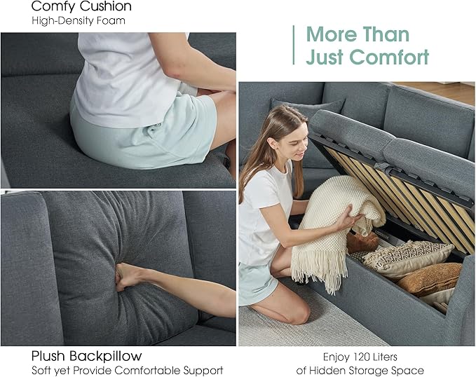 Jocisland Sofa Bed 85 Inch Sleeper Sofa with Pull Out Bed &amp Storage Seat Oversized L Shape Sectional Sofa for Living Room Apartment Grey Linen Reversible Couch
