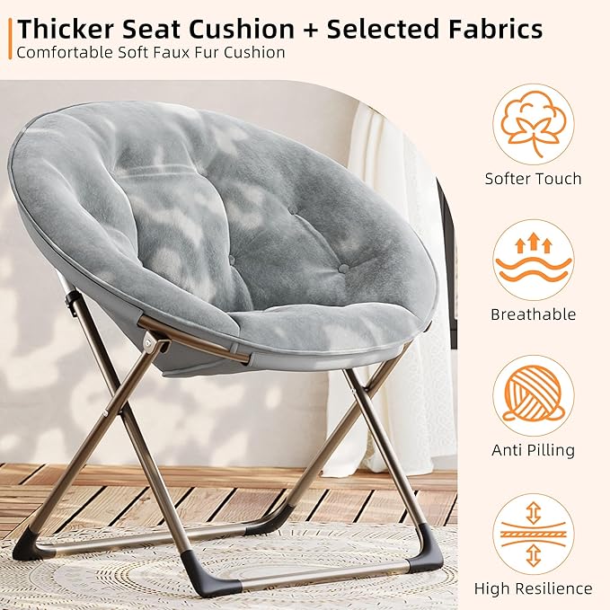 GarveeHome Comfy Oversized Saucer Chair – Soft Plush Fabric Reading Lounger for Adults Stable X-Large Metal Frame Foldable Accent Lazy Chair for Bedroom Living Room Dorm Office Grey