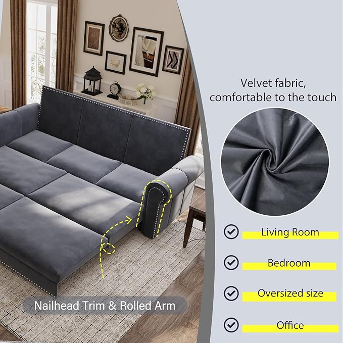 Eafurn 93.7 King Size Pull Out Sofa Bed 3-in-1 Convertible Sleeper Sofa Couch Bed with Nailhead Decor and Rolled Arms Velvet Oversized Chesterfield Loveseat Chaise Lounge
