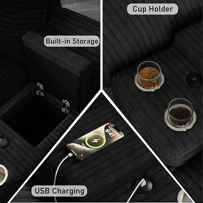 143 Oversized Modular Sectional Sofa U Shaped Cloud Couch 6 Seat Sofa Set for Living Room Comfy Corduroy Deep Seat with Storage Central Console Movable Ottomans USB Ports Cup Holders Black