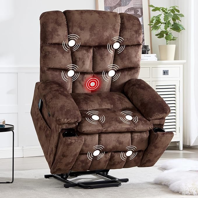CANMOV Power Lift Recliner Chair for Elderly with Massage and Heat Electric Lift Chair with 2 Side Pockets and Cup Holders USB &amp Type-C for Living Room Brown
