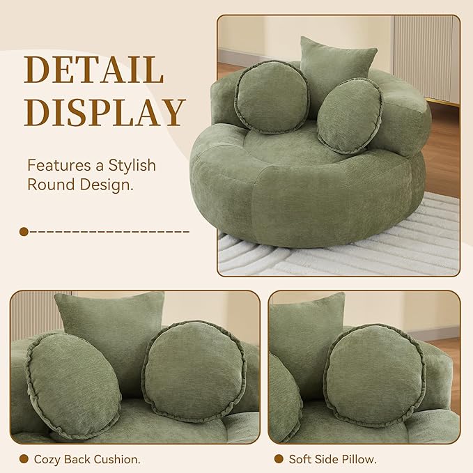 Round Oversized Chair Floor Sofa Chair Chenille Compressed Circle Chaise Lounge No Assembly Boneless Barrel Chair Lazy Bean Bag Couch Accent Chair for Living Room Bedroom DormGreen