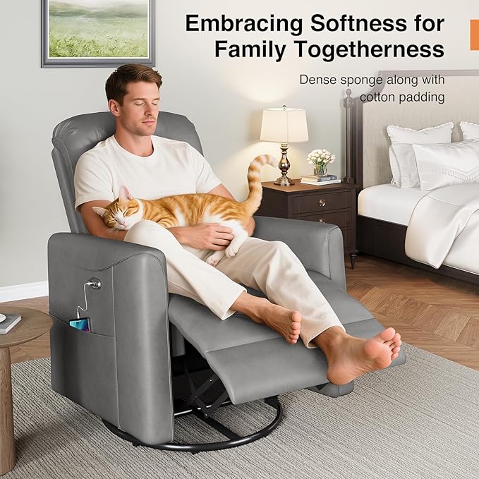 Power Swivel Rocker Recliner Power Recliner Chair 360° Swivel Small Recliners for Small Spaces Infinite Position Rocking Chair Nursery PU Leather Living Room Chairs with USB Port Gray