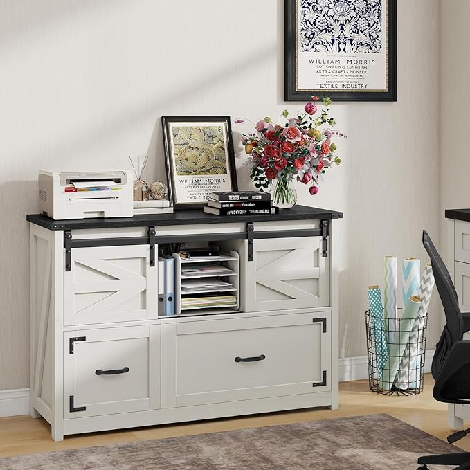 Vabches Farmhouse Filing Cabinet with 2 Drawer for Home OfficeFiling Organization Storage Cabinets for Hanging Files Letter/Legal/F4/A4Lateral File Cabinets 2 Drawer with Sliding Barn Doors.Black