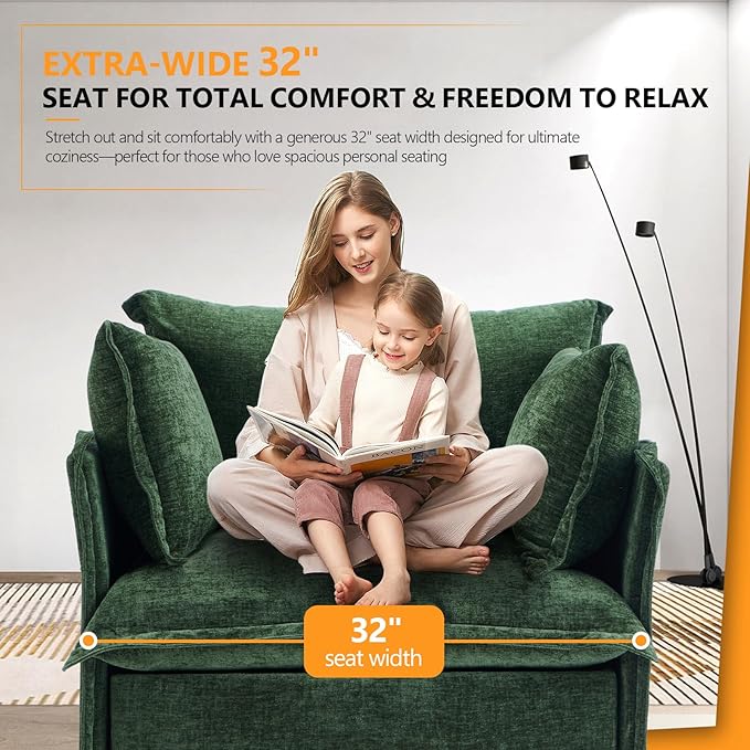 VINGLI Green Accent Chair 34 Width Oversized Reading Chair Upholstered Armchair Soft Chenille Fabric Living Room Chairs Sofa for Adults Bedroom Home Office Play Room