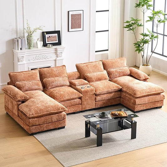 124.8'' U Shaped Cloud Modular Sofa with Chaise Lounges Chenille Comfy Sectional Couches for Living Room Deep Seat Cloud Couch with Storage Console USB &amp Type-C Ports Cup Holders (Orange)
