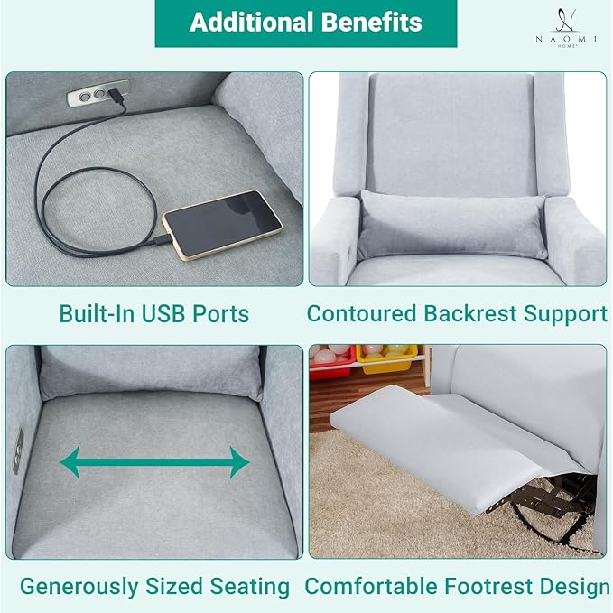 Naomi Home Tanya Luxury Motion Recliner Chair Light Gray – Plush Upholstered Glider Rocker with USB Charging Swivel and Lumbar Support for Nursery Comfort 275 lbs Capacity
