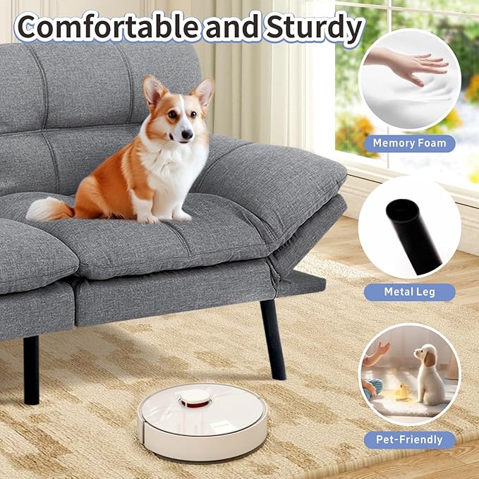 MUUEGM Futon Sofa Bed 71 Ash Convertible Memory Foam Futon Couch Bed Modern Loveseat Sleeper with Adjustable Backrests Armrests for Living RoomSmall SpaceOffice