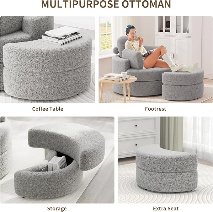 MEISSALIVVE Swivel Accent Chair - Swivel Chair with Ottoman Cuddle Round Lounge Sofa with Pillow 360° Rotating Barrel Sofa Chairs for Living Room (Grey)